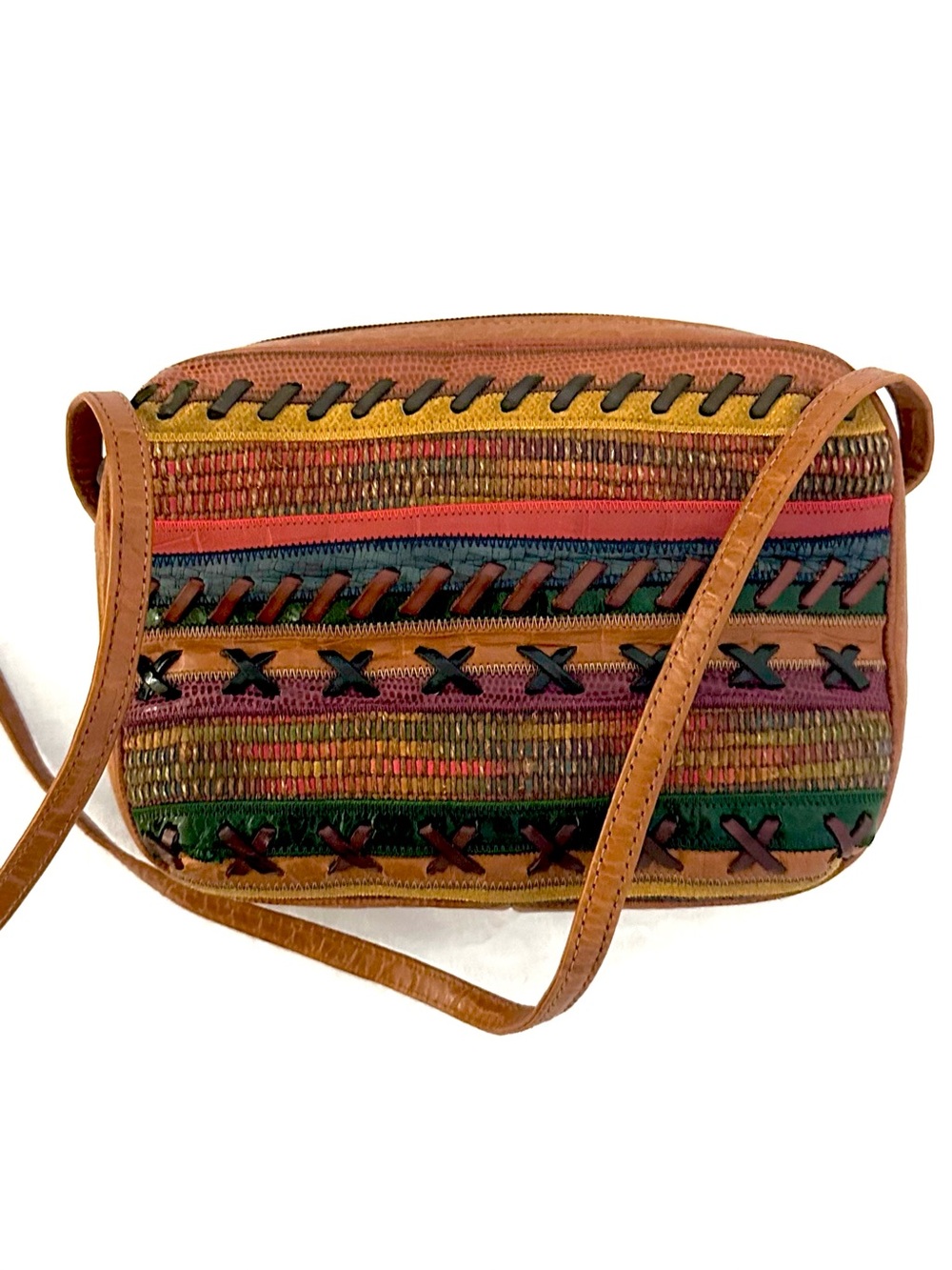 Sharif Multicolor Leather Woven Crossbody Bag in Tan, Red, Blue, Green - Picture 1 of 9